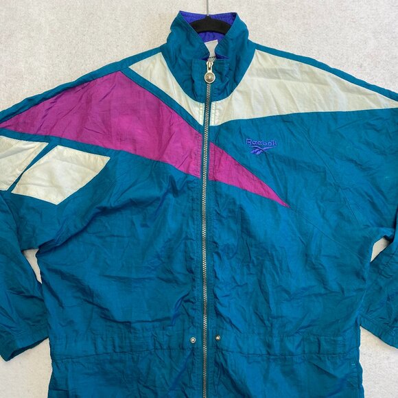 Vintage Reebok Track Jacket Mens M Green Full Zip Big Logo Windbreaker 90s - Picture 1 of 16